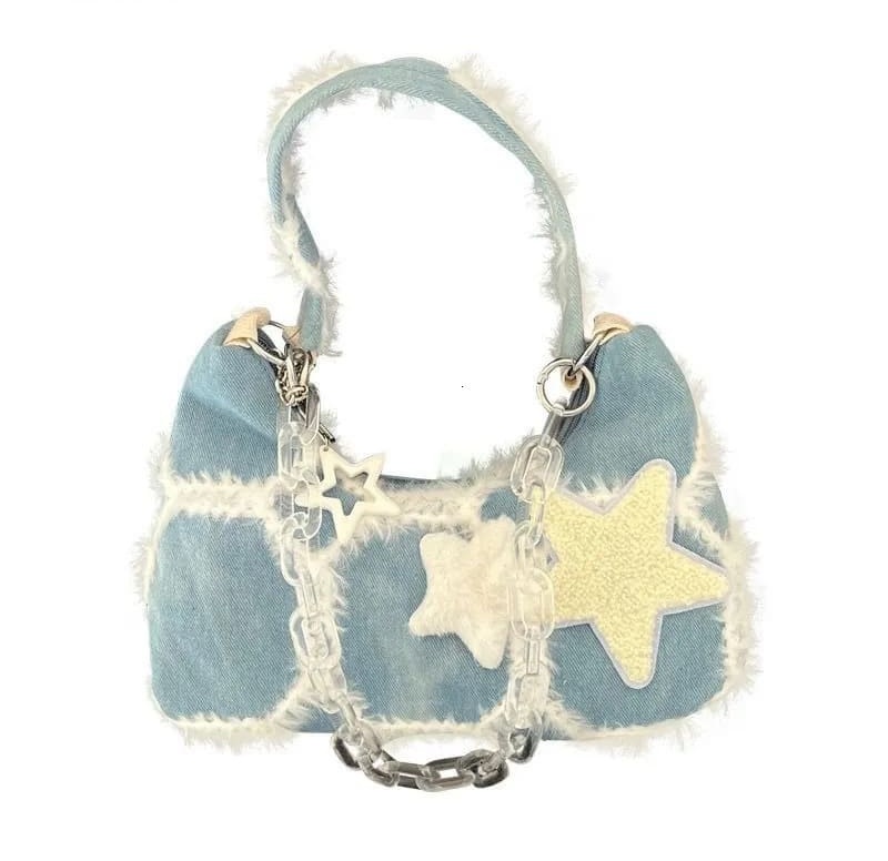 Vintage Denim Bag with Fluff and Stars